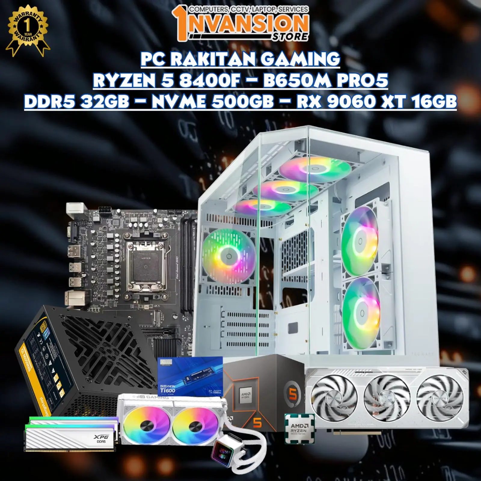 INV GAMING - PC RAKITAN RYZEN 5 8400F | B650M PRO5 | 32GB DDR5 | NVME 500GB | RX 9060 XT 16GB | WHITE EDITION