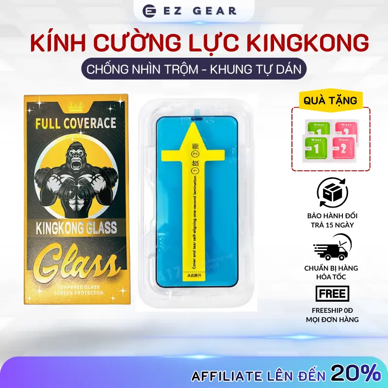 Kính Cường Lực Kingkong iPhone Chống Nhìn Trộm Có Khung Tự Dán Full Màn X XR XS 11 12 13 14 15 16 Pro Max Plus
