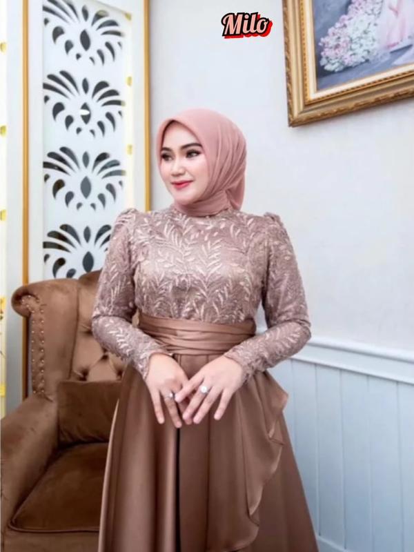 Dress Pesta Satin Roberto Mix Brokat / Gamis Keluaran Terbaru / Dress Aplikasi Brokat / Dress Wanita Jumbo / Azura Maxy Dress Kondangan Mewah 4
