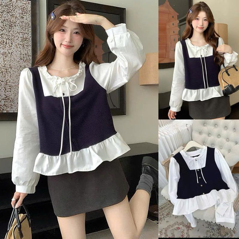  Áo sơ mi nữ A.780 Áo sơ mi cổ tròn bèo buộc nơ tay dài phối nỉ len thỏ cúc dọc dễ phối đồ - Shop Chấm Bi 