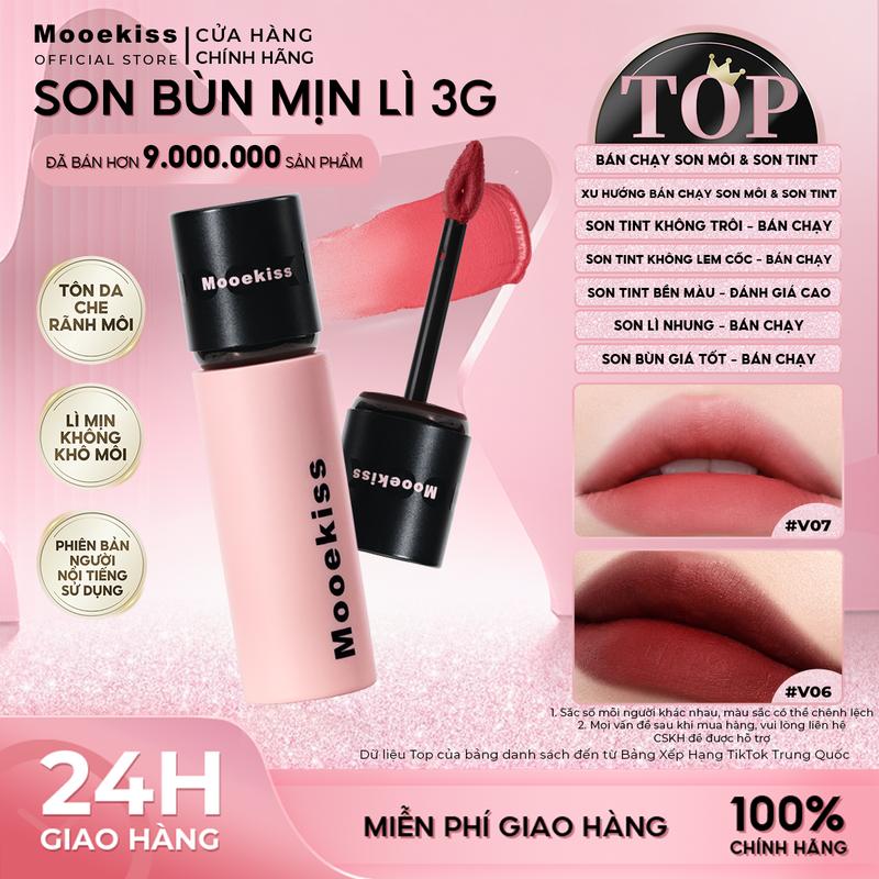  Son Môi Mooekiss Son Bùn Lì Mềm Mịn Như Nhung Giúp Làm Giảm Thâm Môi Sáng Da Cho Tone Da Vàng 3g*1 