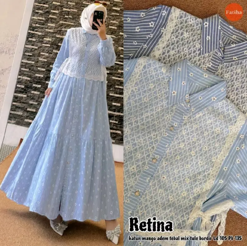 RETINA DRESS GAMIS KATUN SALUR MOTIF BUNGA KOMBINASI BRUKAT TERBARU 0