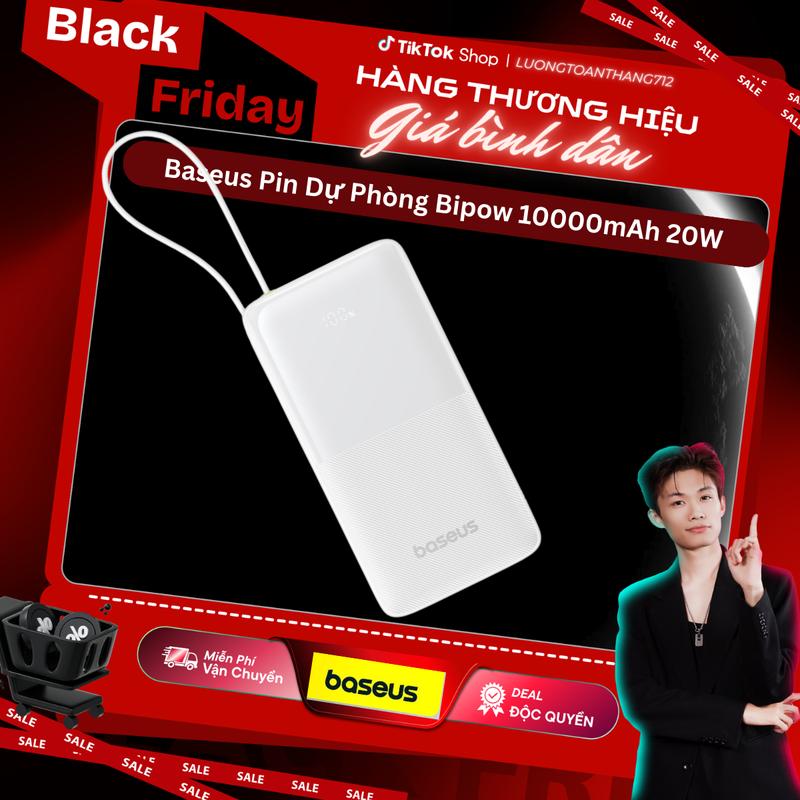Baseus x LTThang Pin Sạc Dự Phòng Bipow 2 10000mAh 20W Màn Hình LED Hiển Thị Cáp USB-C Tích Hợp Sạc Nhanh 20W Dung Lượng Lớn Tiện Lợi