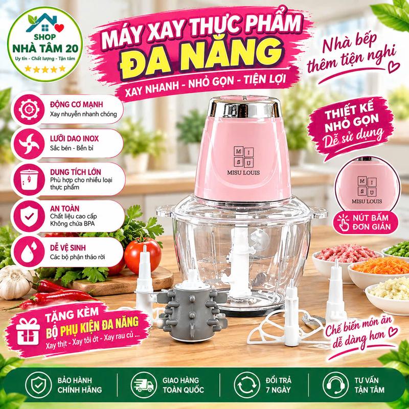 Máy Xay Thực Phẩm Đa Năng Cối Thuỷ Tinh, Xay Thịt Misu Louis Công Suất Lớn 500w, Dung Tích 3.5L