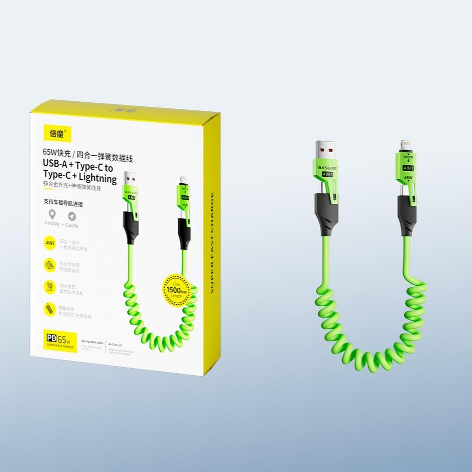 5W + 27W Spring Retractable 4-in-1 Data + Charging Cable Compatible with iPhone And Android