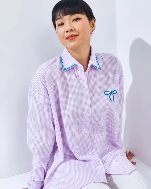 DAC Chara Bow Top | Tartan Shirt Kemeja Kotak Kotak Oversize | Atasan Wanita Lengan Panjang Bordir Pita Pink | Coquette Blouse Jumbo 3