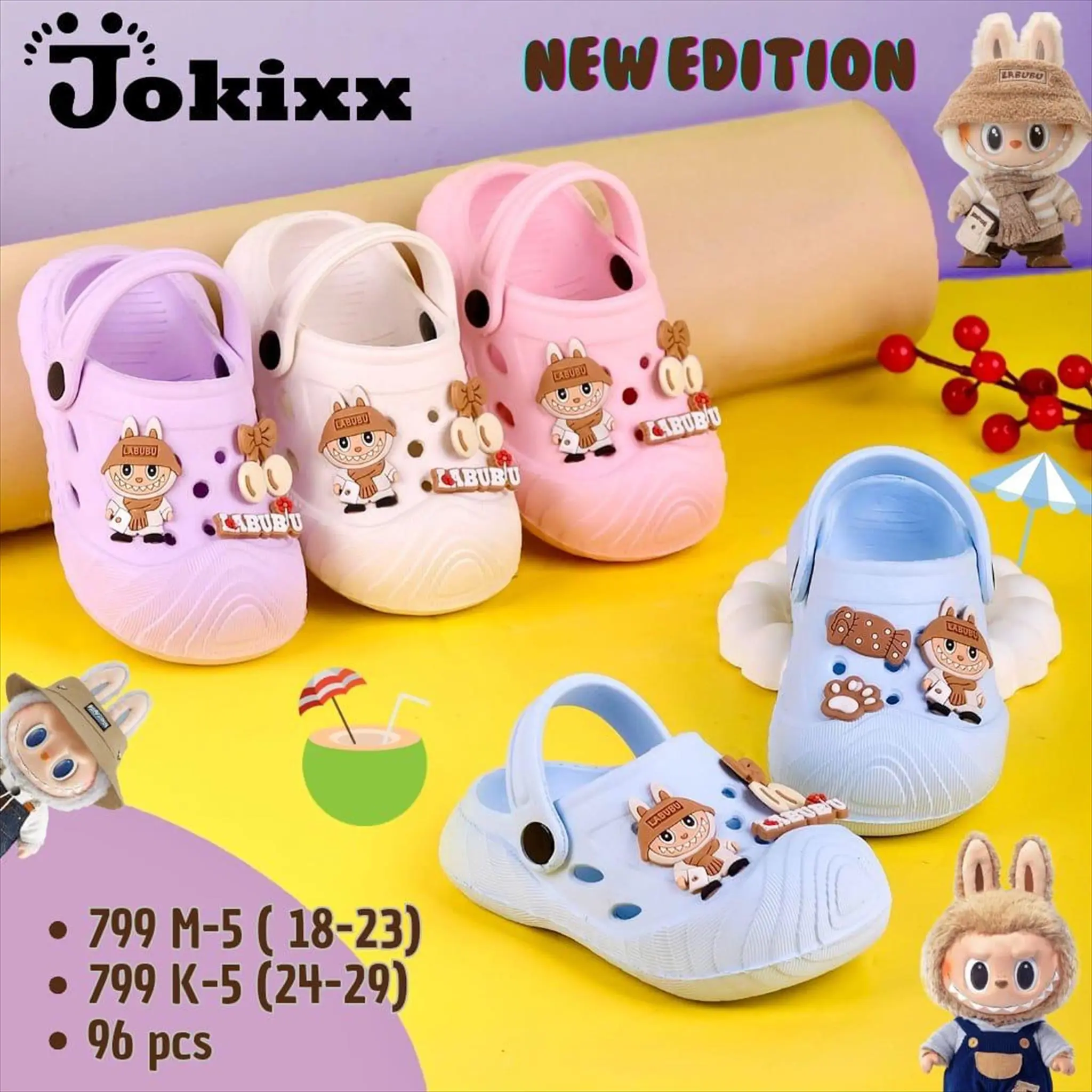 (799M-5/K-5) Sandal Let Bakpao Jokixx Eva Anak Laki Perempuan Hias Labubu Ban Garis Super Empuk Kekinian Nyaman / Ukuran 18-29