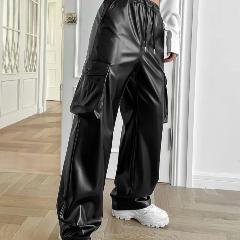 Cargo pants leather PU High waist Celana Cargo Semikulit Fleksibel pinggang Karet 4