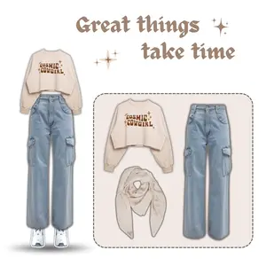 Set Outfit Remaja Kekinian Setelan Sweater Crop Korean Celana Cargo Jeans Highwaist & Hijab Paris OOTD Wanita BK79