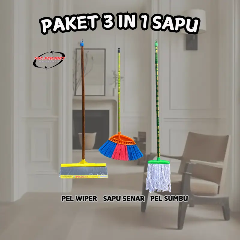 PAKET SAPU 3 IN 1 SAPU SENAR PEL & WIPER @3 ALAT BERSIH PLUS GAGANG PLASTIK serat nilon dengan gagang Lantai 0
