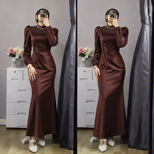 Vina Dress Satin Kondangan Bridesmaid Burgundy Mahogany Fashion Outfit Wanita Gaun Pesta Gamis Mewah Elegan Nyaman Panjang Termurah Premium