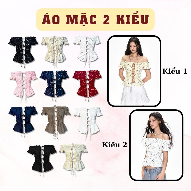 [CÓ BIGSIZE - HỎA TỐC] Áo Smocking Chấm bi Nhún bo thun trễ vai đan dây mặc 2 kiểu SAIGONESE mùa hè cho nữ