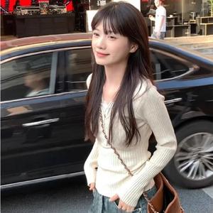 Women's V-Neck Lace Long Sleeve Knit Top, Fall Winter New Inner Layer Slim Fit Casual Blouse, Elegant Daily Wear 8770 Knitwear Lingerie Vneck Minimalist Basic Womenswear