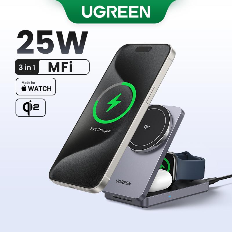 Bộ sạc không dây, UGREEN 3 trong 1, Sạc nhanh Qi2 15W, Đầu ra tối đa 25W, Đế sạc, Tương thích với iPhone 16 Pro Max, Airpods 4, iWatch S9, iPhone 15 và 14 Pro, Mẫu: 45980
