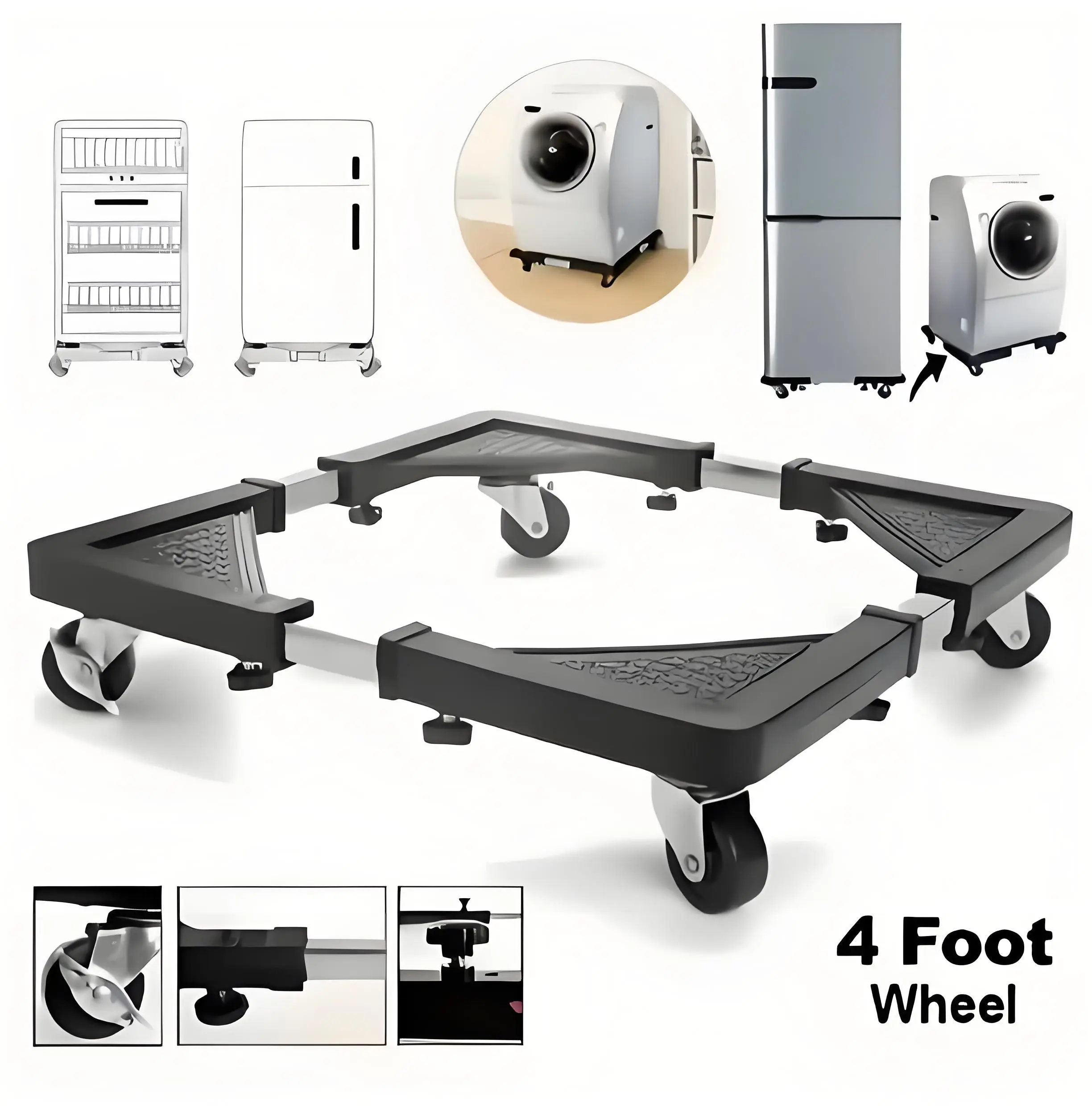 Base ajustable para lavadora, base para refrigerador, base extraíble, tamaño ajustable, base para lavadora, adecuada para secadora, refrigerador, rodillo telescópico para muebles con ruedas giratorias con bloqueo (4 ruedas), rodillo multifuncional para muebles extraíble,