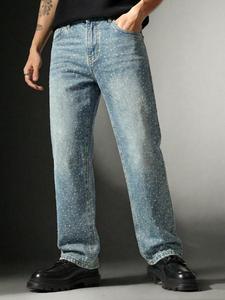 Jeans para hombre con cristales brillantes, azul claro lavado estilo vintage, pierna recta, decoración completa de diamantes de imitación, estilo callejero Y2K, todas las estaciones