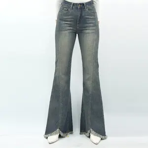 Jeans Biru Berkobar Wanita Baru , Pinggang Tinggi Dan Pas Ramping, Desain Ujung Bercelah Tepi Mentah, Modis Dan Individual 8838