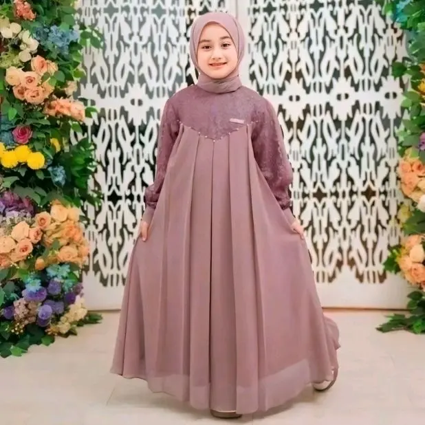 Inara Dress Kids Syari Baju Gamis Muslim Cantik Motif Brukat Bunga Anak Perempuan Ceruty Babydol Premium 5-12 Tahun Size L dan XL Panjang dan Tanggung Shakila Set Kerudung Pasmina Lebaran 2025 2