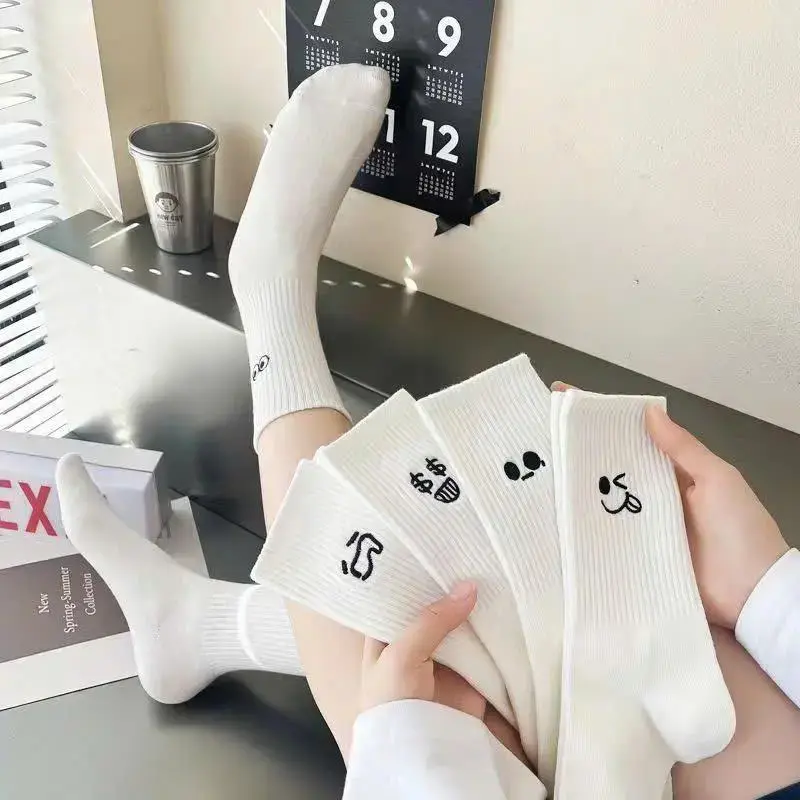Set 5 Đôi 10 Đôi Tất Trắng In Hình Icon Cảm Xúc Cotton Nam Nữ Phong Cách Thời Trang