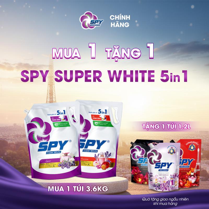 TẶNG NƯỚC XẢ VẢI 1.2L Túi Nước Giặt Xả SPY Super White 3.6kg – 5 Trong 1 Siêu Trắng Sáng Sạch Sâu Thơm Lâu