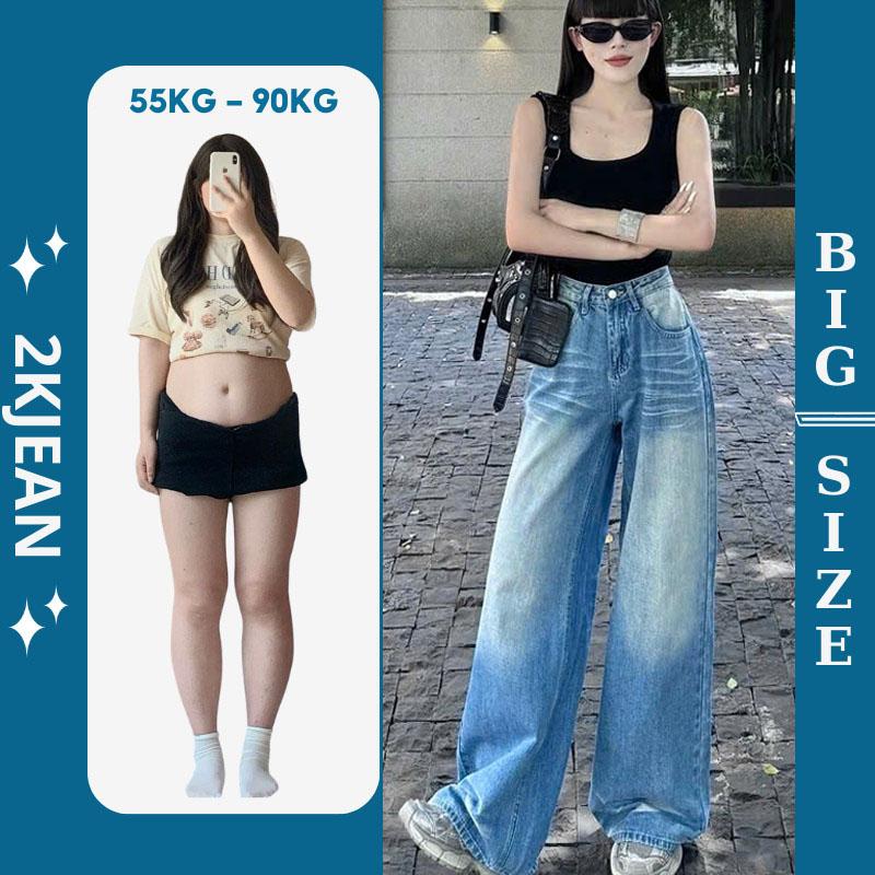 Quần ống suông rộng jean nữ Bigsize 55kg-90kg, kiểu dáng ống rộng màu xanh phủ bụi khói MS231 2KJeans