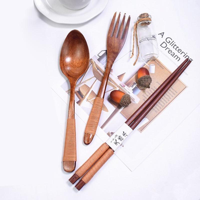 Product Introduction of CS 3pcs Wooden Cutlery Set Kitchen Dinning Spoon Chopsticks Fork Wood Flatware 11