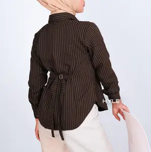 HYLE - Luna Stripe Kemeja Fitted - Kemeja Wanita Lengan Panjang dengan Tali Belakang - Bahan Semiwoll - Atasan Wanita Casual Formal - Ukuran S M L XL XXL
