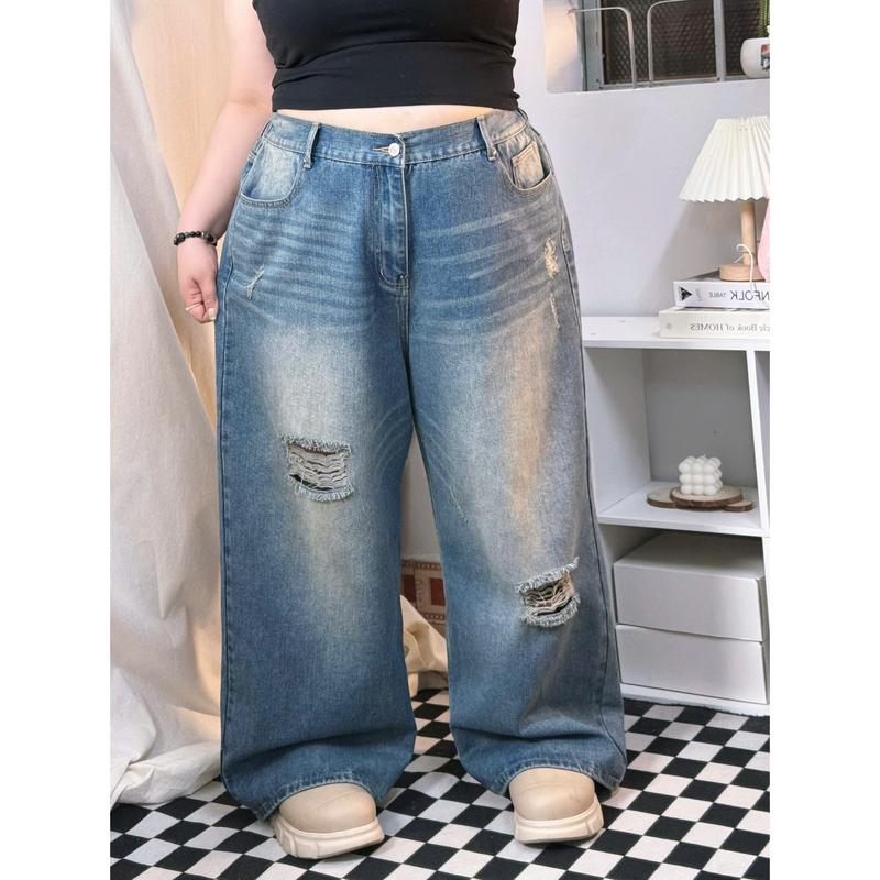   Bigsize  Quần Jean Rách dáng dài ống rộng Unisex nam nữ nhà Mèo Mập phong cách trẻ trung cá tính phía sau có lưng thun size từ 85-150kg 
