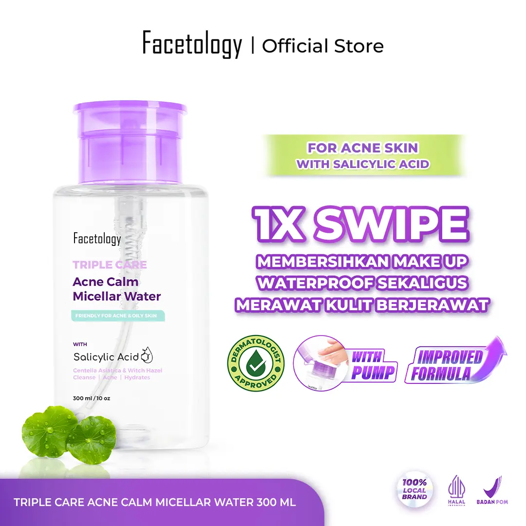 [NEW PACKAGE & IMPROVE FORMULA] Facetology Triple Care Acne Calm Micellar Water 300ML, Remover untuk membersihkan Kotoran Wajah Berminyak & Berjerawat, Acid