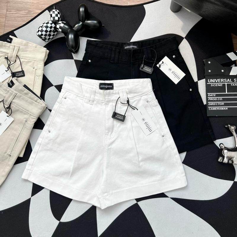 (MINA JEANS) Quần Sọt Jean Nữ Chip Thân Dây Săn Đôi Lai Cuốn 3p Vải Dày Mịn