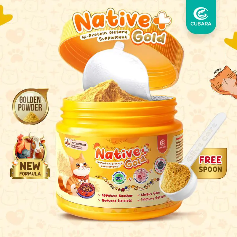 Vitamin Kucing NATIVE+ GOLD 110gr Protein Tinggi GOLDEN POWDER untuk Peningkat Nafsu Makan, Berat Badan, Gembul, Kulit Sehat, Cegah Bulu Rontok, Imunitas, Daya Tahan Tubuh, Kesehatan Pencernaan, dan Pelengkap Nutrisi Makanan Harian Kucing 0