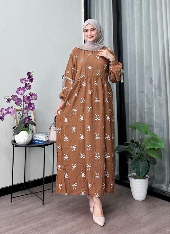Gamis rayon kekinian motif pita lengan panjang | gamis rayon adem motif terbaru busui ld 120 best