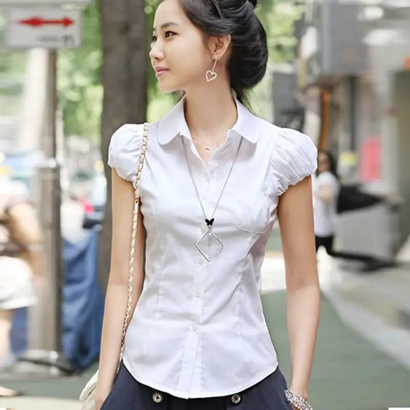 Korean version bubble sleeved white shirt for women's summer wear, new professional top, slim fit and casual short sleeved shirt