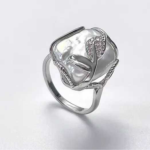 Natural fresh water pearl Baroque inlaid zirconium diamond ring dazzling light classic fashion light luxury high-grade temperament elegant