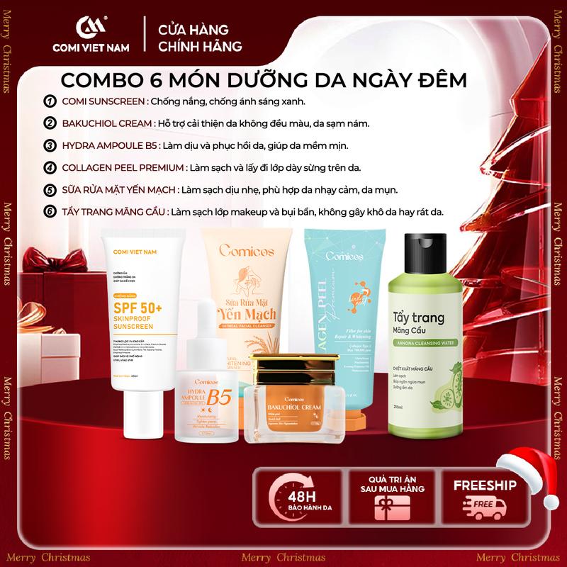  COMBO 6 MÓN CHĂM SÓC DA: 1 Nước Tẩy Trang Mãng Cầu 200ml + 1 Sữa Rửa Mặt Yến Mạch 100ml + 1 Peel Collagen 4K 75ml + 1 Serum B5 HA 20ml + 1 Kem Face Huyết Yến Bakuchiol 20g + 1 Kem Chống Nắng SPF 50+ 