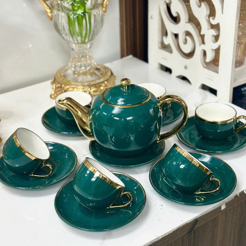  Bộ ấm chén pha trà trắng viền vàng sang trọng Sét Ấm Trà Cao Cấp 100% Gốm Sứ tách 