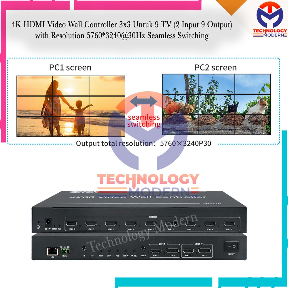4K HDMI Video Wall Controller 3x3 Untuk 9 TV (2 Input 9 Output) with Resolution 5760*3240@30Hz Seamless Switching