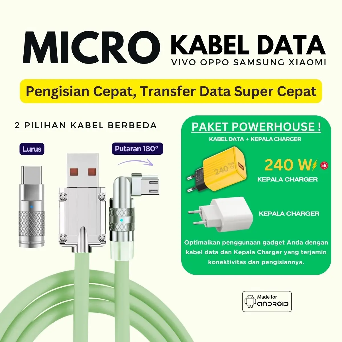 Mikro / Micro USB-B【Rotasi/Lurus】Kabel Data Mikro Xtra Kepala Charger 240W Kabel data 1 meter dan 2 meter Micro USB B  fast charging HP dengan Kepala Charger Usb A mendukung Super Fast Charge 240W 6A untuk Vivo Oppo Samsung Xiaomi kabel made for android