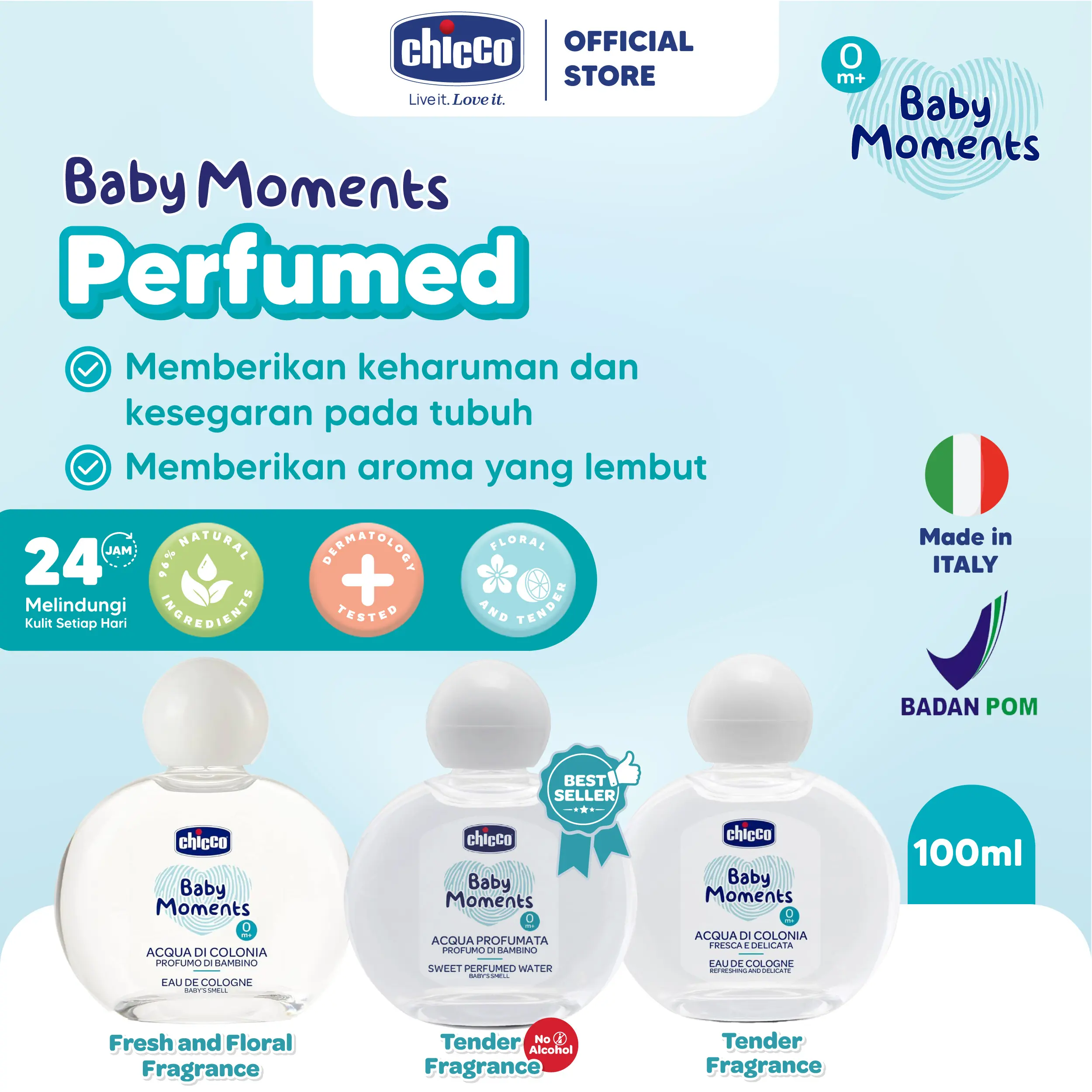 CHICCO Baby Moments 0M+ SWEET PERFUMED WATER and EAU DE COLOGNE 100ml / Parfum Bayi / Cologne Bayi