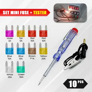Set Mini Fuse Sekring 10 PCS Mobil Set Alat Penguji Tester Multifungsi Set Auto Plug In Fuse Tester 3-30AMP Berkualitas