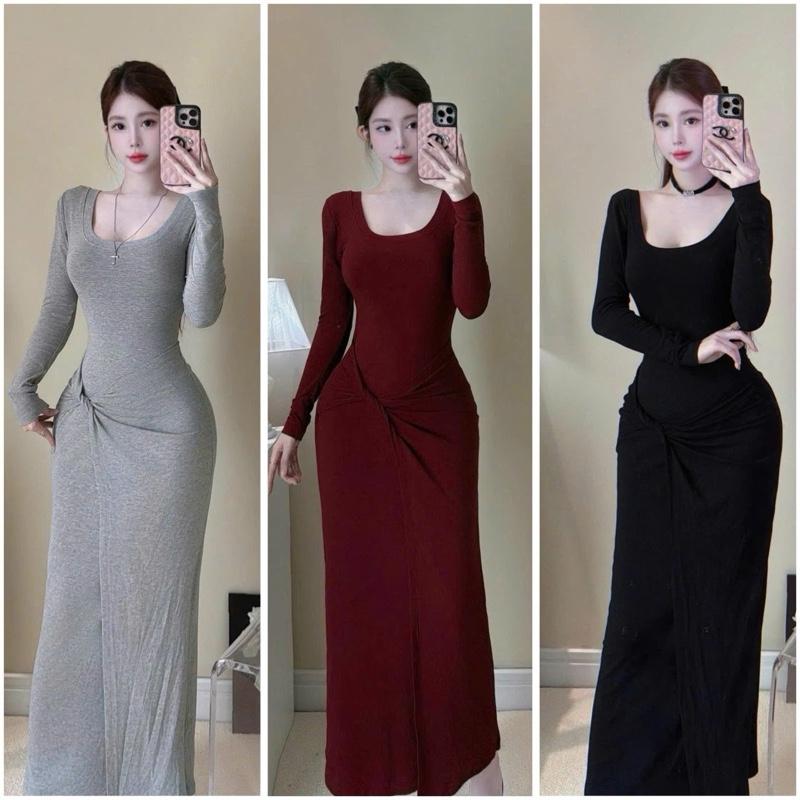  D32-  Mẫu Mới  Đầm Váy Ôm Body Tay Dài Cổ U xoắn eo che bụng  đi tiệc dạo phố đi biển 