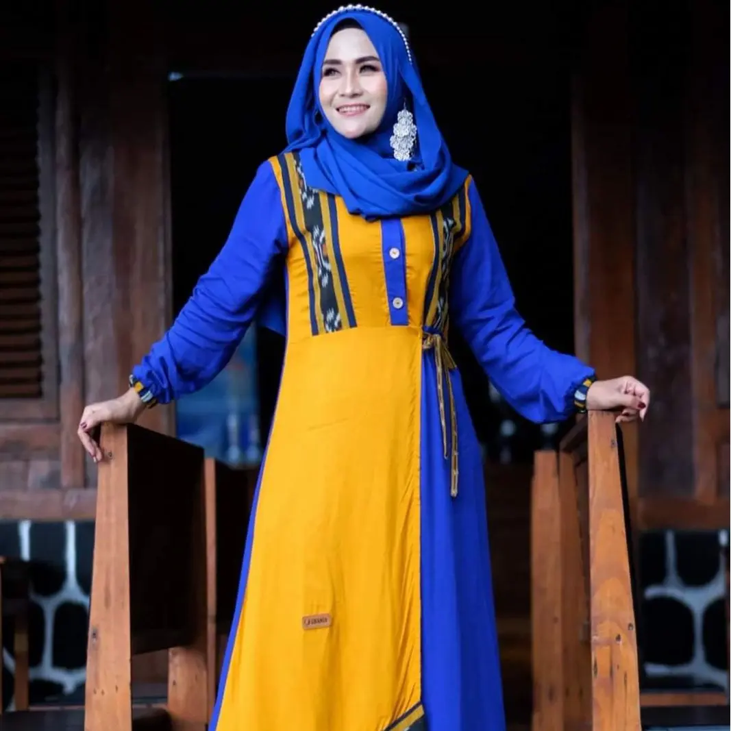 Gamis Ghania KINASIH DRESS warna Biru Elektrik kombinasi tenun etnik Muslim Wanita