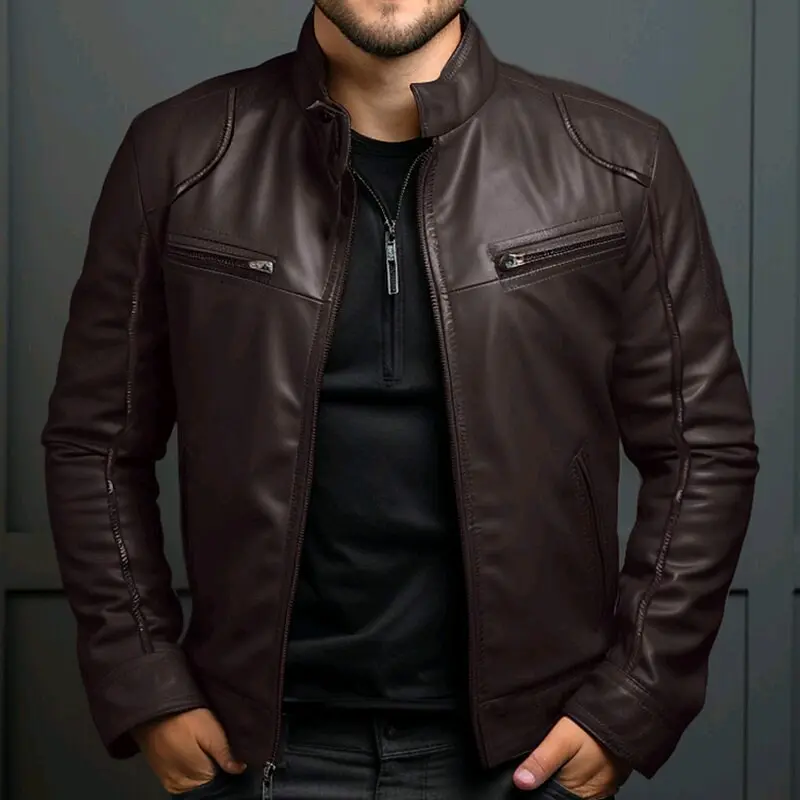 Jaket Kulit Semi Pria Terbaru Jaket kulit sintetis keren jaket kulit imitasi model pundak busa Hitam Nyaman Panjang Lembut Casual Distro Slimfit Motor Cowok Blazer Formal 0