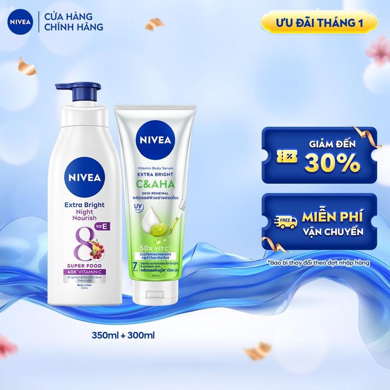 Mới Bộ Đôi Sữa Dưỡng Thể NIVEA Sáng Da Ban Đêm 350 ml +Tinh Chất Dưỡng Thể Vitamin Extra Bright C&AHA 300ml 98412+99197