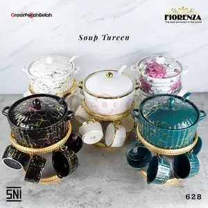 Fiorenza - Mangkok Set Sop Keramik dengan Rak Kitchenware | Motif Marble Emboss Linning Gold Garden 628