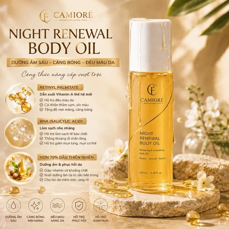 (CHÍNH HÃNG) Dầu dưỡng da toàn thân - Body oil Cami, mềm mịn,cấp ẩm,giảm tình trạng viêm lỗ chân lông,hỗ trợ dưỡng sáng da ,100ML duong trang, camioré