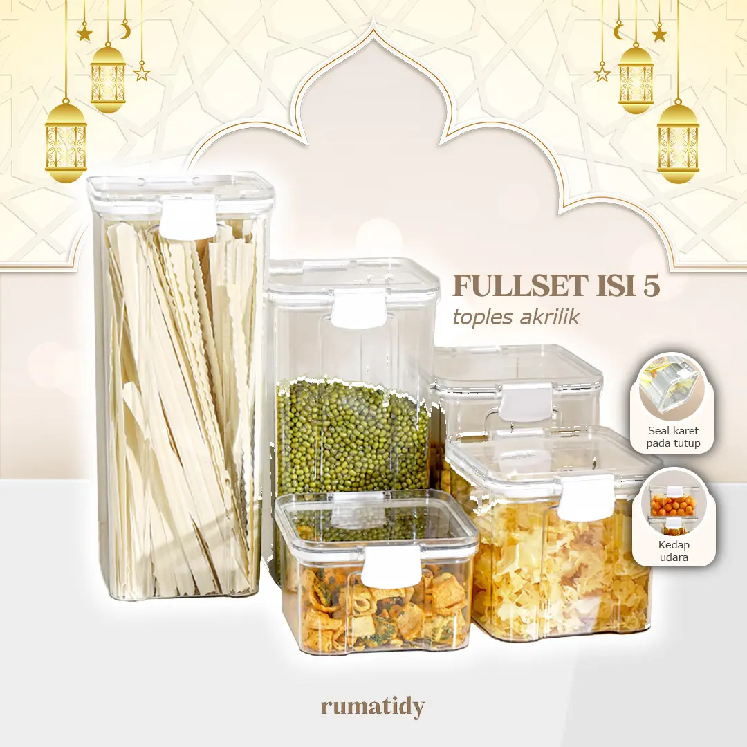 (FULLSET ISI 5) MAKO Toples Snack Akrilik Tutup Putih Penyimpanan Makanan Sebaguna Putih Kedap Udara Tempat Penyimpanan Cereal Toples Kotak Bening Kontainer Makanan