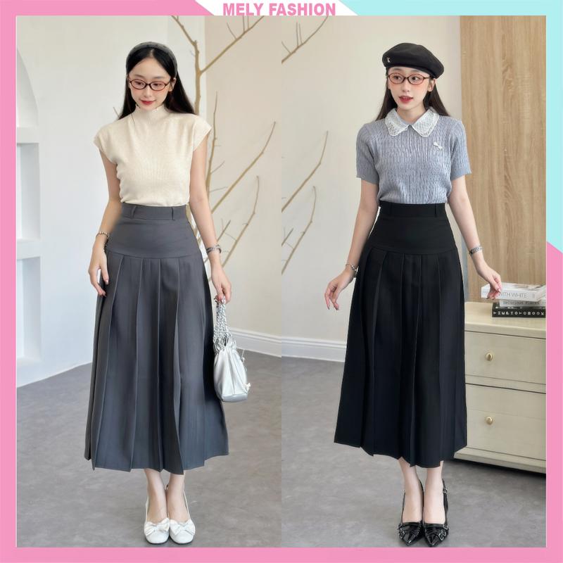 Chân váy xếp ly dáng dài Mely Fashion midi cạp cao chiết eo che bụng tôn dáng mặc được 2 mặt dễ phối đồ có bigsize CV75