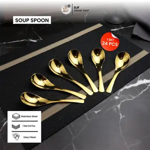Sendok Sup Stainless Steel Gold Premium | Peralatan Makan Hotel & Rumah isi 12 pcs gratis 12 Pcs