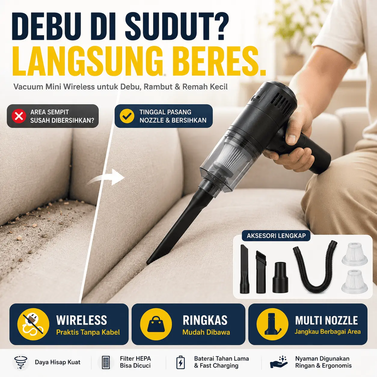 Penyedot Debu Nirkabel Mini untuk Jok Mobil Karpet Sofa Keyboard dan Sela Furnitur Praktis Rechargeable